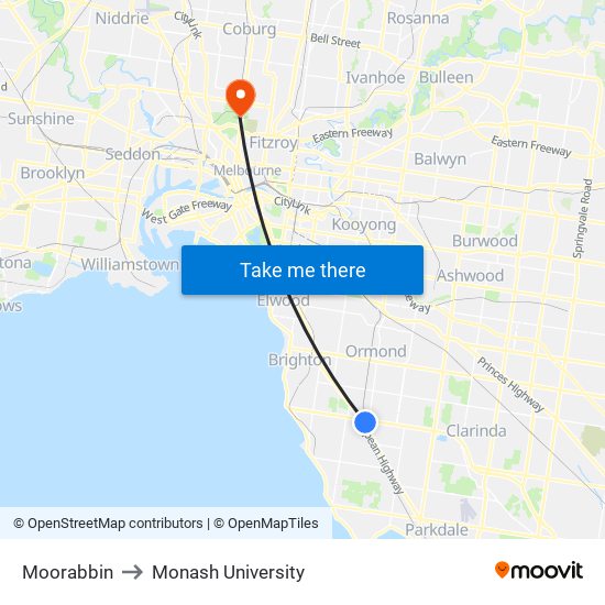 Moorabbin to Monash University map