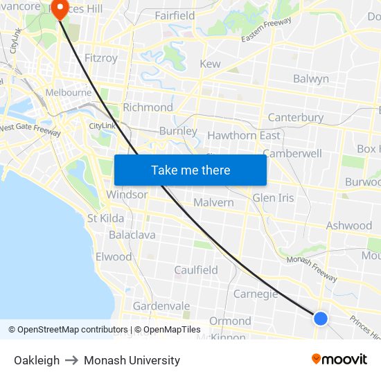 Oakleigh to Monash University map