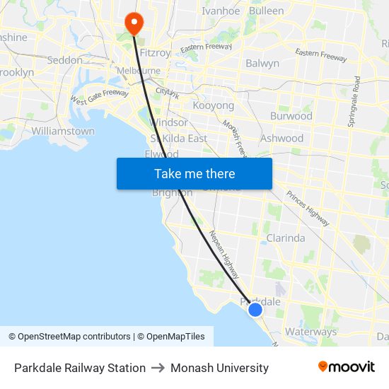 Parkdale Railway Station to Monash University map
