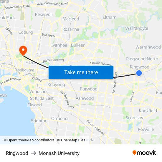 Ringwood to Monash University map