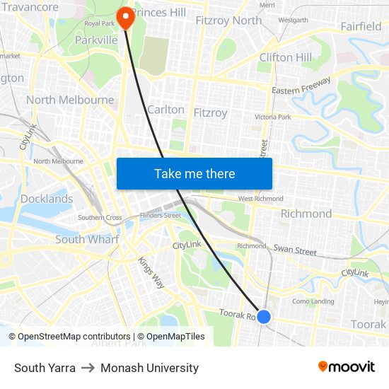 South Yarra to Monash University map