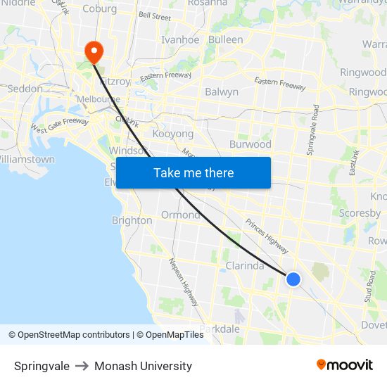 Springvale to Monash University map