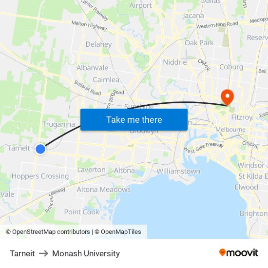 Tarneit to Monash University map