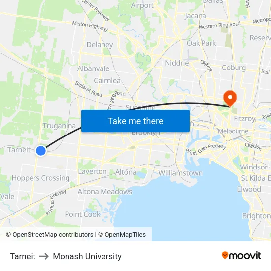 Tarneit to Monash University map