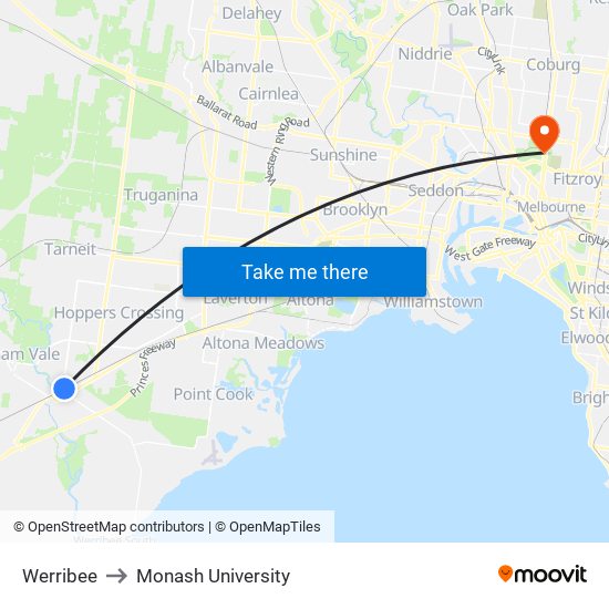 Werribee to Monash University map