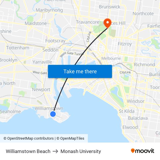 Williamstown Beach to Monash University map