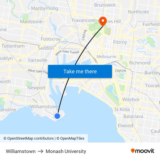 Williamstown to Monash University map