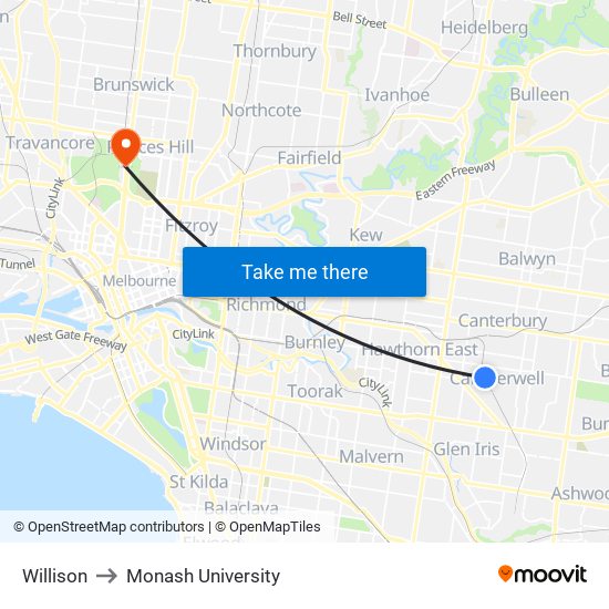 Willison to Monash University map