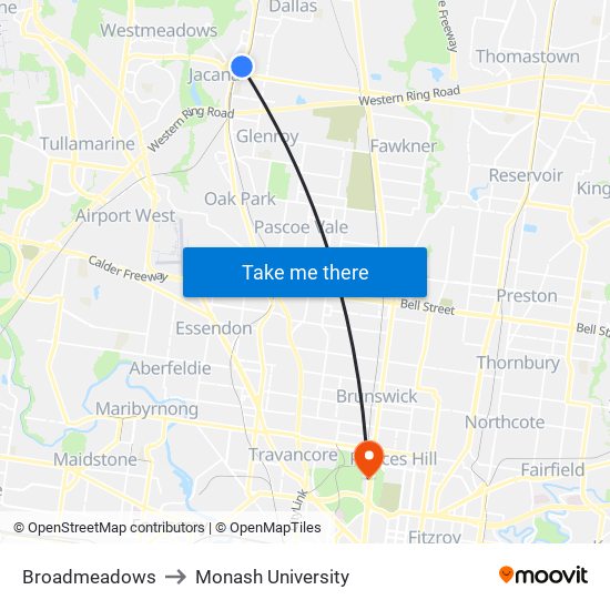 Broadmeadows to Monash University map