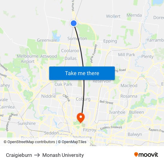 Craigieburn to Monash University map