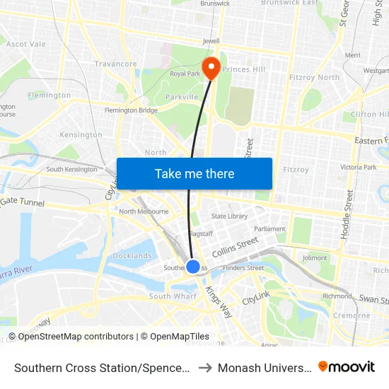 Southern Cross Station/Spencer St to Monash University map