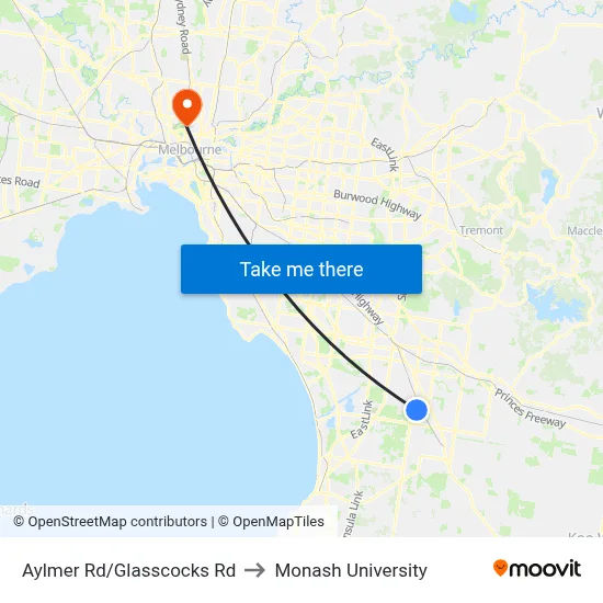 Aylmer Rd/Glasscocks Rd to Monash University map
