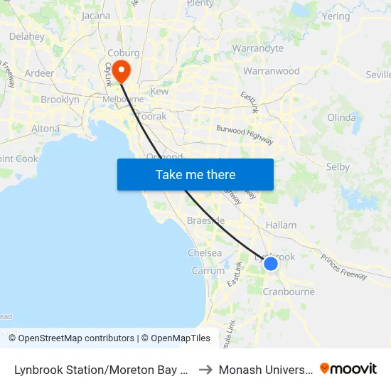 Lynbrook Station/Moreton Bay Bvd to Monash University map
