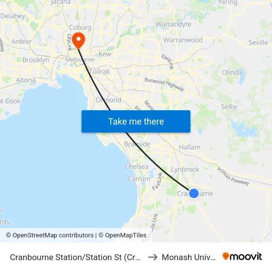 Cranbourne Station/Station St to Monash University map