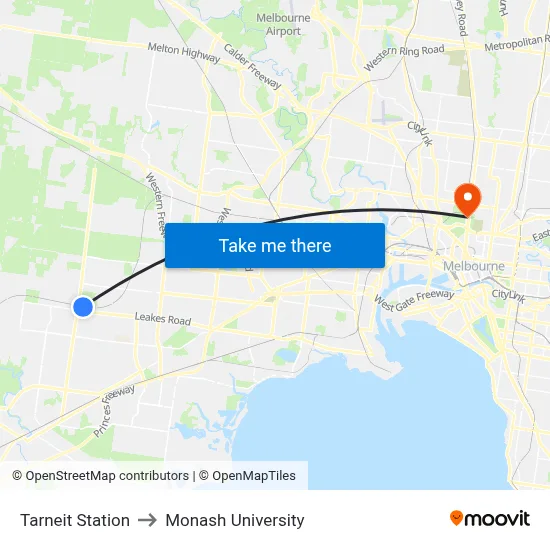 Tarneit Station to Monash University map