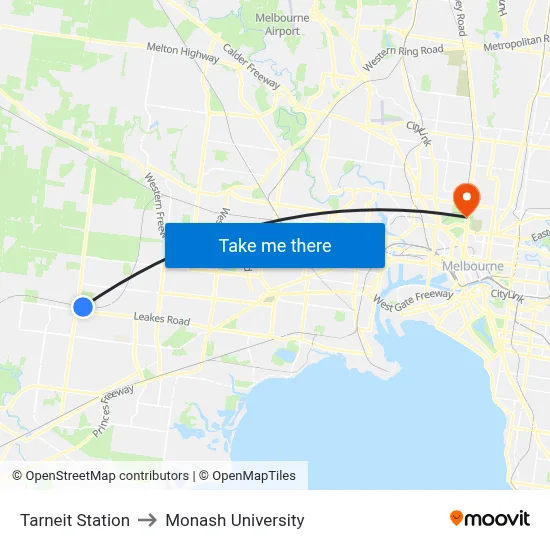Tarneit Station to Monash University map