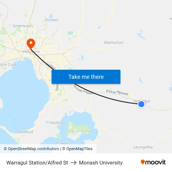 Warragul Station/Alfred St to Monash University map