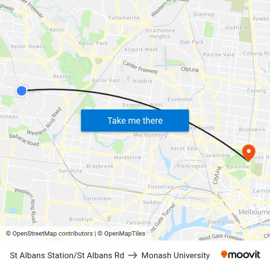 St Albans Station/St Albans Rd to Monash University map