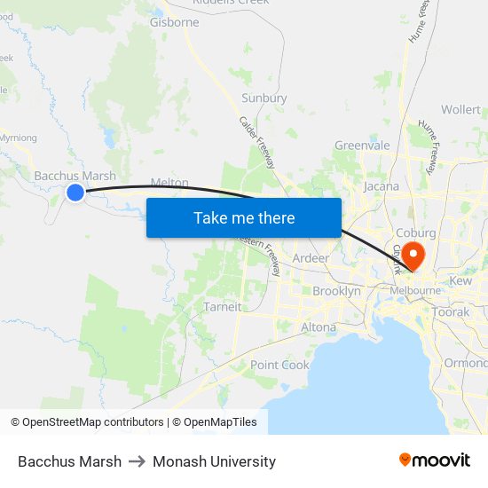 Bacchus Marsh to Monash University map