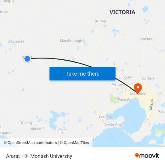 Ararat to Monash University map