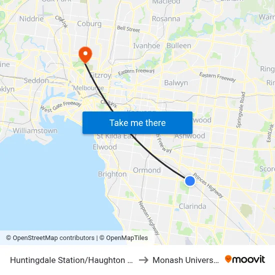 Huntingdale Station/Haughton Rd to Monash University map