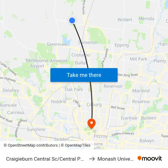 Craigieburn Central Sc/Central Park Ave to Monash University map