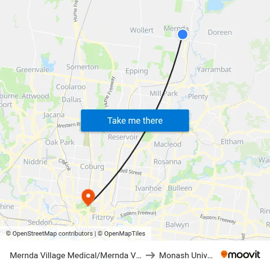 Mernda Village Medical/Mernda Village Dr to Monash University map