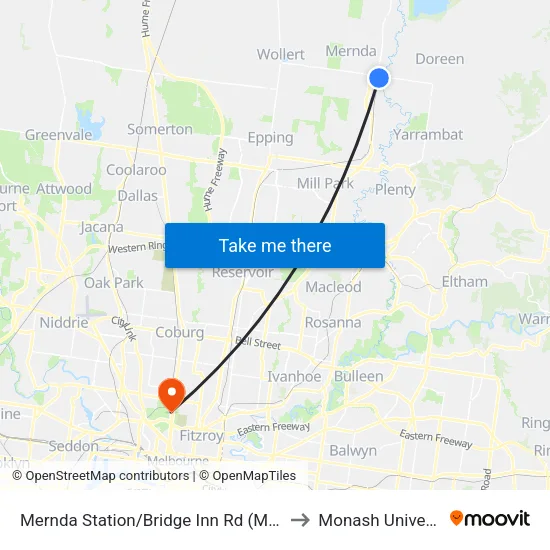 Mernda Station/Bridge Inn Rd to Monash University map