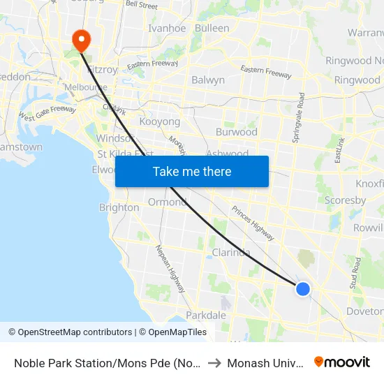 Noble Park Station/Mons Pde to Monash University map