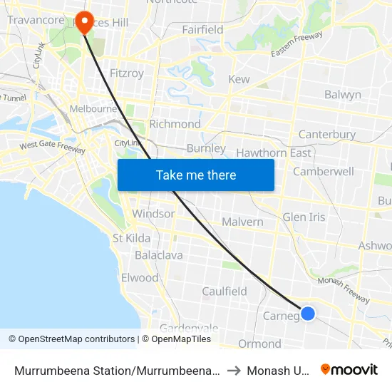 Murrumbeena Station/Murrumbeena Rd to Monash University map