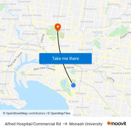 Alfred Hospital/Commercial Rd to Monash University map