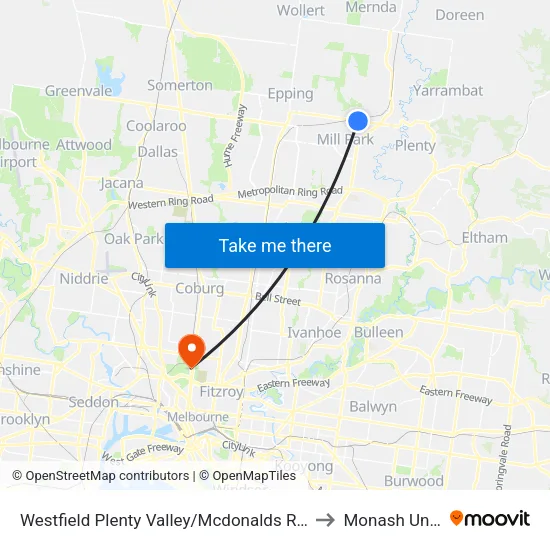 Westfield Plenty Valley/Mcdonalds Rd to Monash University map