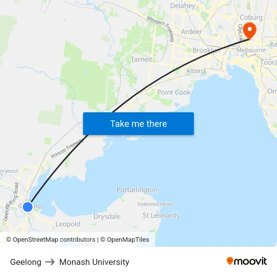 Geelong to Monash University map