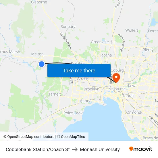 Cobblebank Station/Coach St to Monash University map