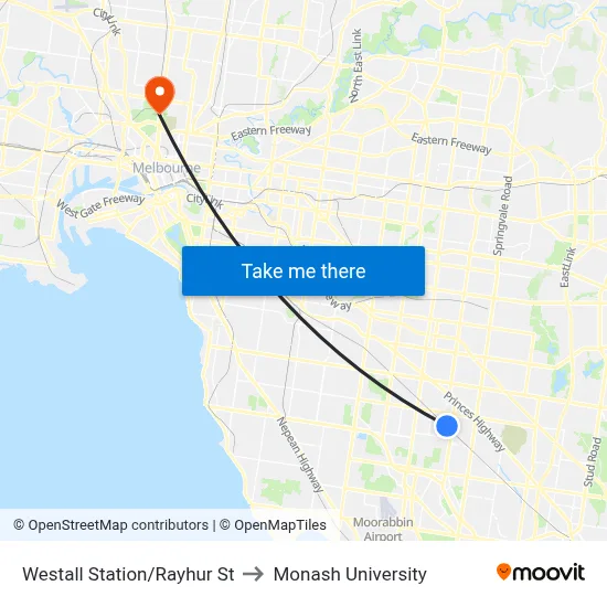 Westall Station/Rayhur St to Monash University map