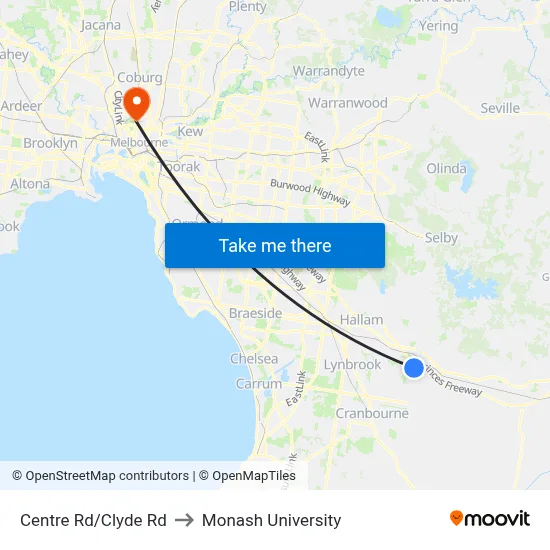 Centre Rd/Clyde Rd to Monash University map