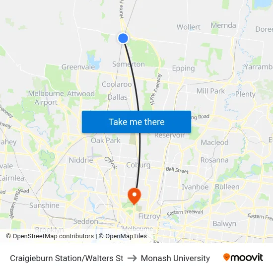 Craigieburn Station/Walters St to Monash University map