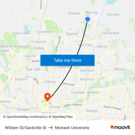 William St/Sackville St to Monash University map