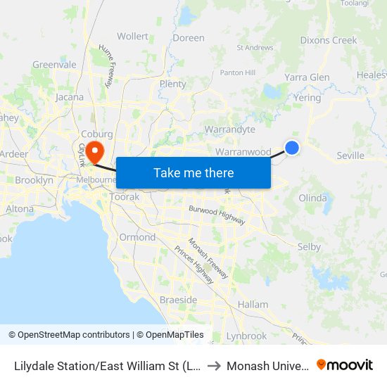 Lilydale Station/East William St (Lilydale) to Monash University map