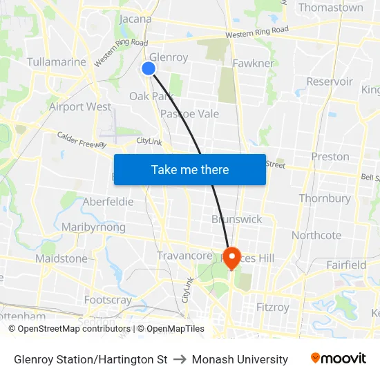 Glenroy Station/Hartington St to Monash University map