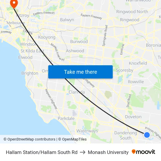 Hallam Station/Hallam South Rd to Monash University map