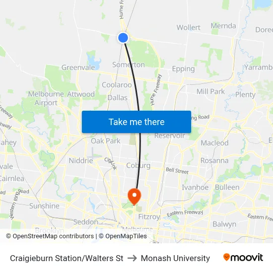 Craigieburn Station/Walters St to Monash University map