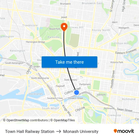 Town Hall Railway Station to Monash University map