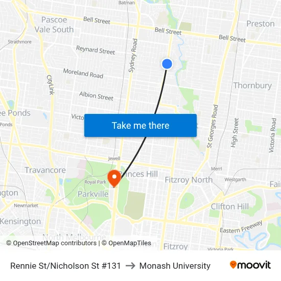 Rennie St/Nicholson St #131 to Monash University map