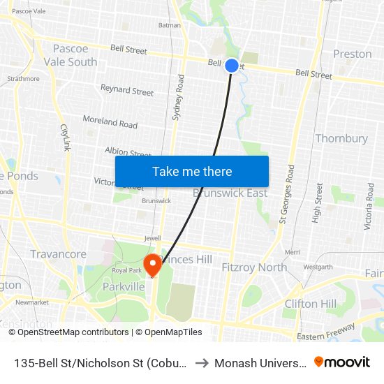 135-Bell St/Nicholson St (Coburg) to Monash University map