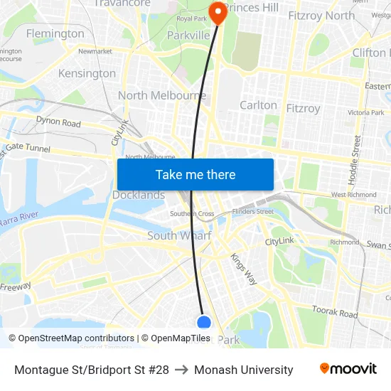 Montague St/Bridport St #28 to Monash University map
