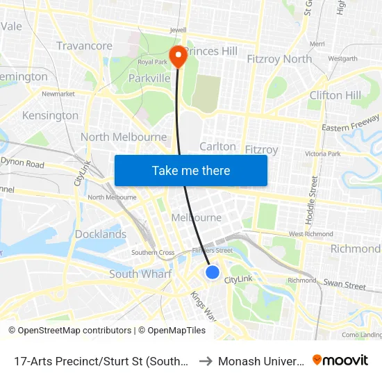 Arts Precinct/Sturt St #17 to Monash University map
