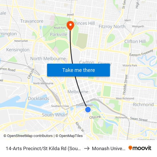 14-Arts Precinct/St Kilda Rd (Southbank) to Monash University map