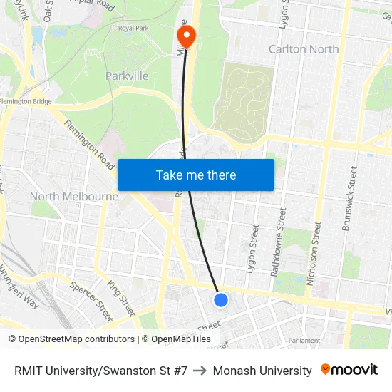 RMIT University/Swanston St #7 to Monash University map