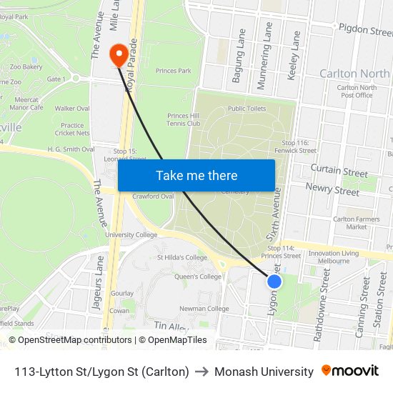 113-Lytton St/Lygon St (Carlton) to Monash University map